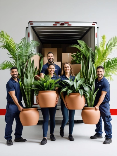 A friendly team of removalists carefully carrying large indoor plants into a truck. The background is white with light red accents, and the text is placed neatly at the bottom. (1) A friendly team of removalists carefully carrying large indoor plants into a truck. The background is white with light red accents and the text is placed neatly at the bottom. 1