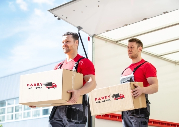 Two movers in red shirts carrying Harry The Mover Adelaide boxes from a truck during relocation.