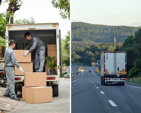 Long distance vs local movers with professionals loading boxes and moving truck on the highway.