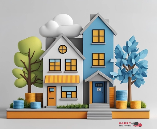 Cartoon-style house graphic showing utility setup and address change for interstate relocations. Cartoon-style house graphic showing utility setup and address change for interstate relocations.