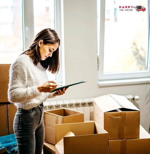 Professional moving company checklist with woman reviewing items while packing cardboard boxes.