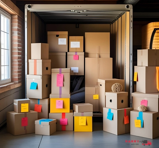Neatly packed labelled boxes inside moving truck showing smart interstate packing tips. Neatly packed labelled boxes inside moving truck showing smart interstate packing tips.