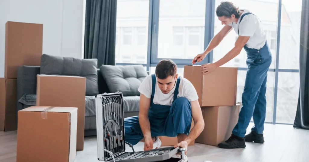 The Ultimate End of Lease Cleaning Checklist for Melbourne Renters 2 Professional movers packing boxes and preparing furniture for relocation in Melbourne.