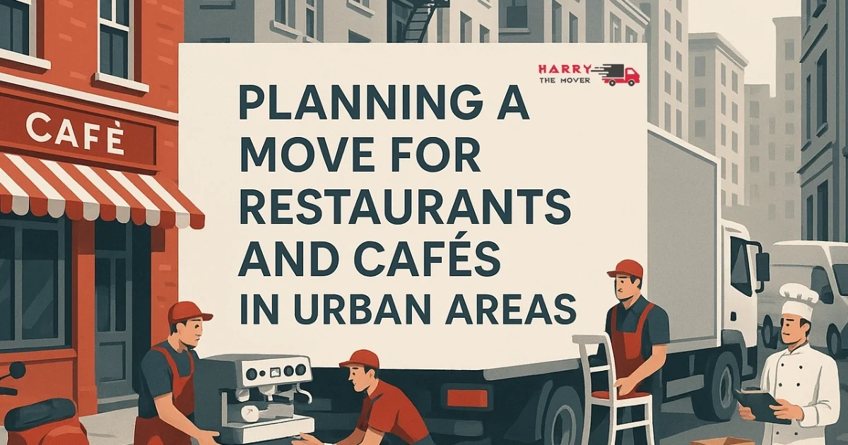Planning a Move for Restaurants and Cafés in Urban Areas 1 Illustration of movers loading café equipment into truck with sign about planning urban relocations.