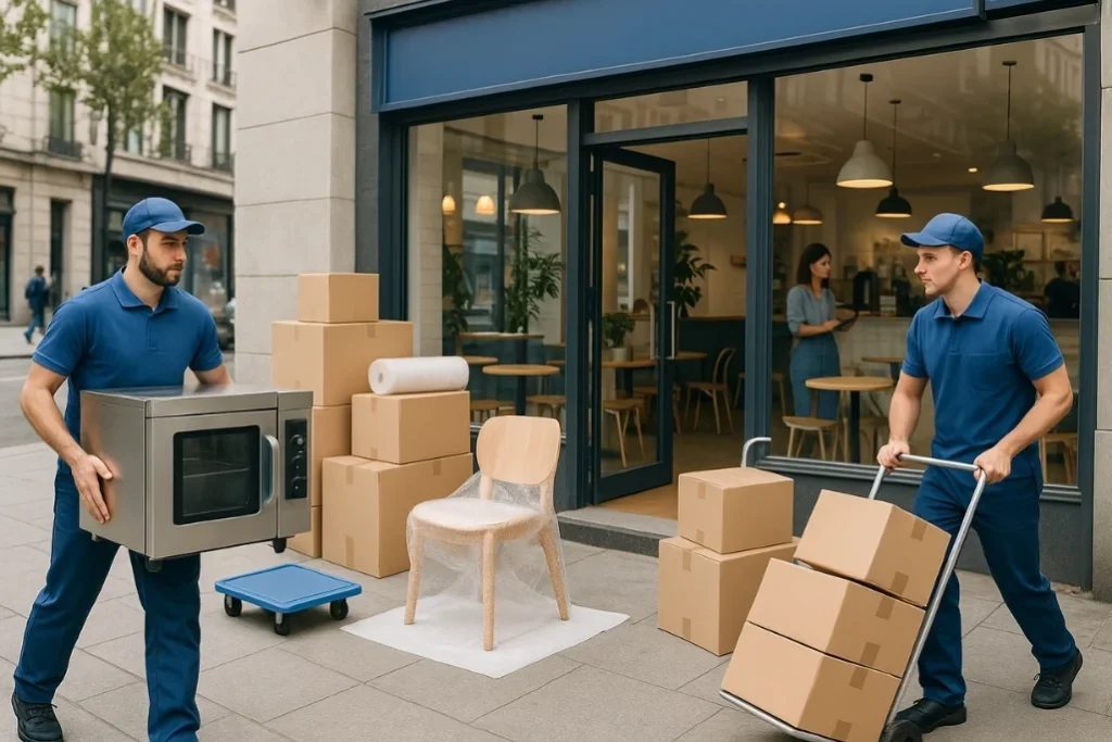 Movers in blue uniforms loading boxes, chair, and oven outside café for pre-move preparations.
