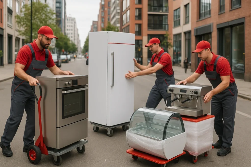 Movers in red uniforms transporting fridge, oven, and café equipment with specialized logistics.