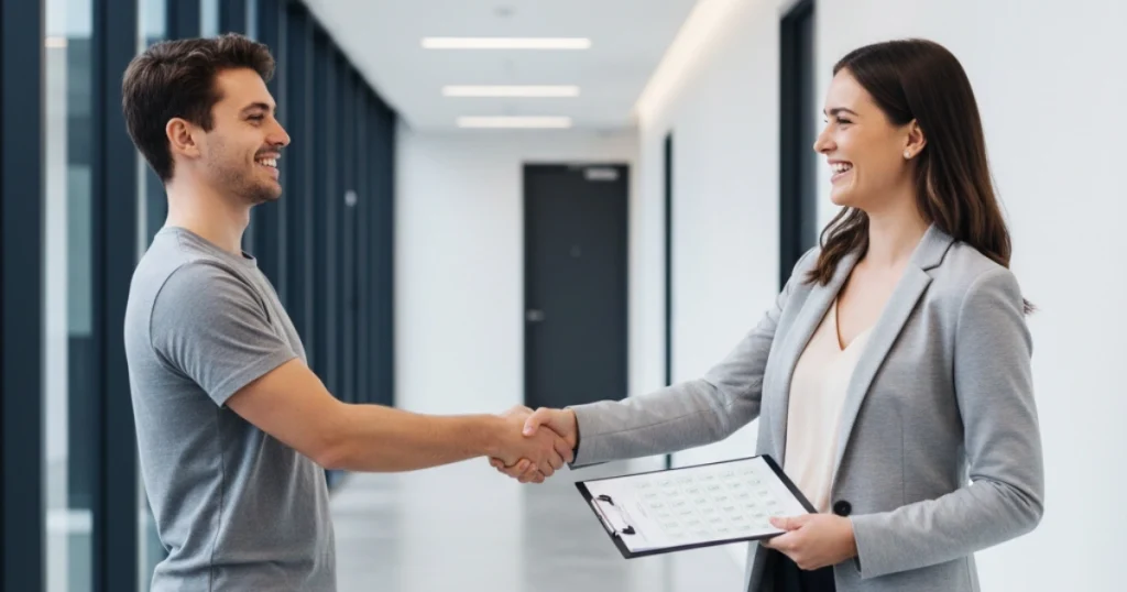 The Ultimate End of Lease Cleaning Checklist for Melbourne Renters 4 Happy tenant shaking hands with property manager holding checklist, symbolising bond return guarantee.