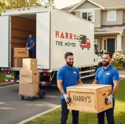 Harry the Mover Adelaide - Trusted Furniture Removal & Office Relocation Harry the Mover team carefully handling a wooden box in Adelaide, demonstrating unmatched experience and proven reliability for furniture removals, office relocations, and packing services.