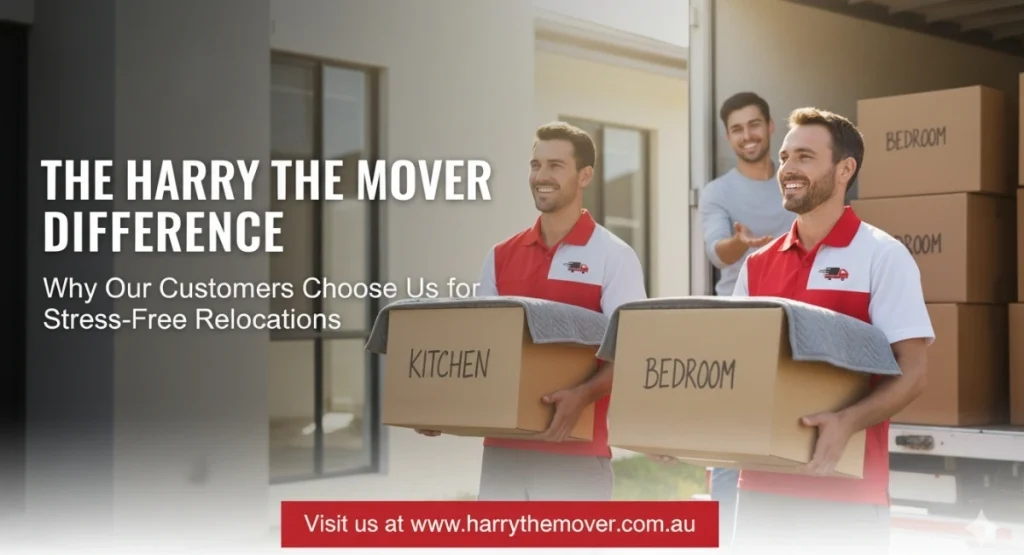 The Harry The Mover Difference: Why Customers Choose Us for Stress-Free Relocations 1 Professional house movers in Melbourne carrying boxes for a stress-free home relocation.