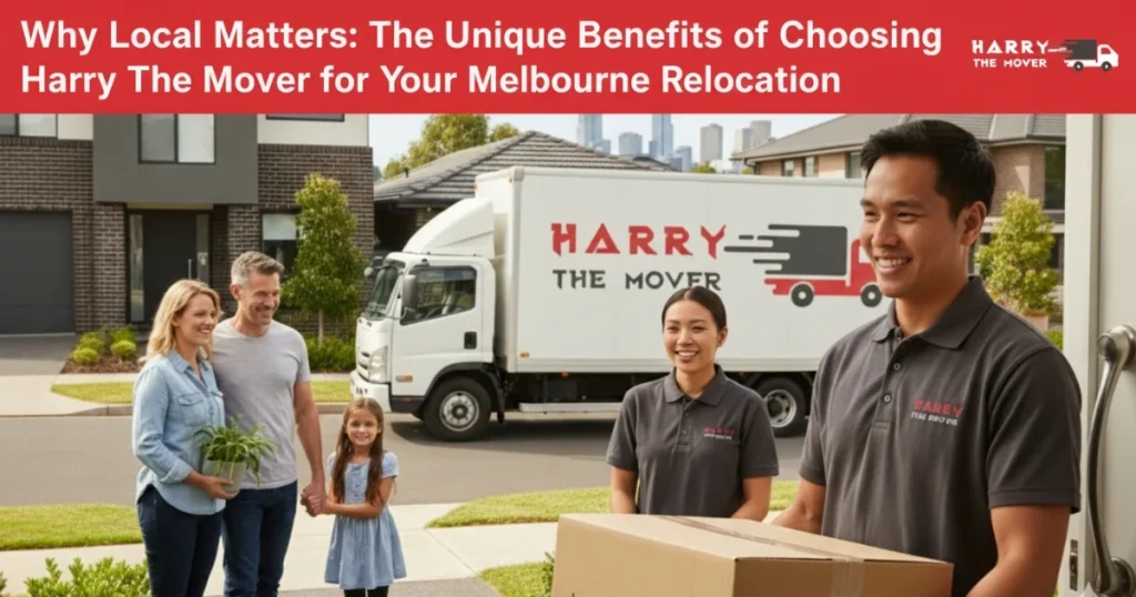 Why Local Matters: The Unique Benefits of Choosing Harry The Mover for Your Melbourne Relocation 1 Professional Melbourne movers from Harry The Mover helping a happy family relocate to their new home.