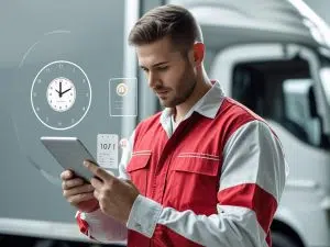 Canberra removalist using a tablet to manage moving schedule with delivery truck in the background, ensuring organised and efficient relocation services.