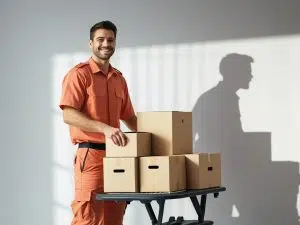 Professional Canberra removalist smiling while stacking cardboard moving boxes on a trolley, prepared for efficient home relocation and packing services.