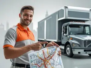 Canberra removalist holding a city map and pointing directions beside a moving truck, planning efficient routes for smooth and timely relocation services.
