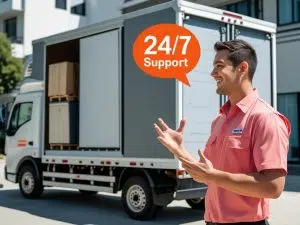 Canberra removalist standing beside a moving truck with 24/7 support sign, offering reliable and round-the-clock relocation services.