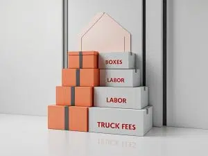 Stacked moving cost boxes in Canberra labelled boxes, labour, and truck fees, representing transparent pricing for professional removalist services.