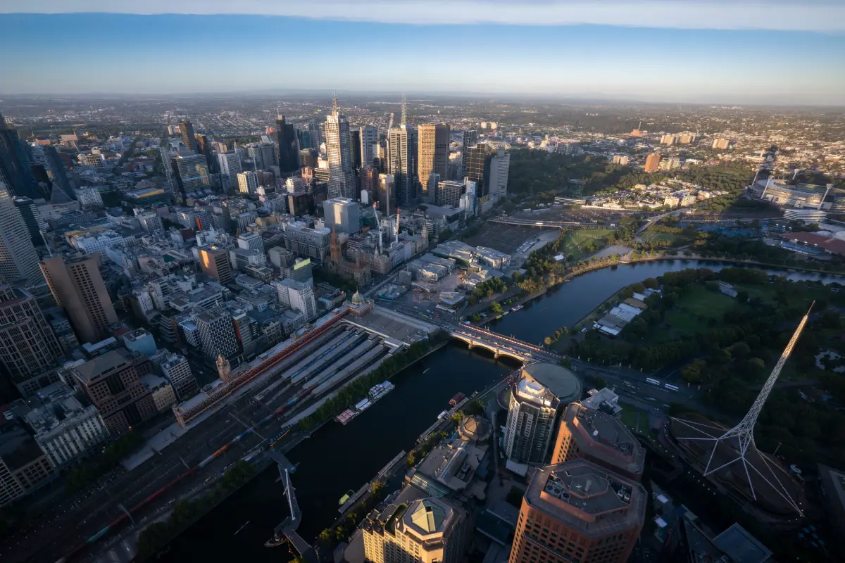 Aerial view of Melbourne city and surrounding suburbs serviced by house removalists.