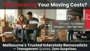 Stressed couple comparing moving quotes at home with Harry The Mover removalist truck loading boxes for interstate move from Melbourne.