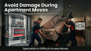 Blog 3 Professional movers carrying a wrapped sofa through a narrow staircase during an apartment relocation in Melbourne, showcasing expert staircase moving services for difficult access homes and apartments.