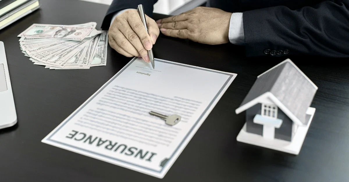 Ask About Moving Insurance Options Man signing "insurance" document, money & house model.