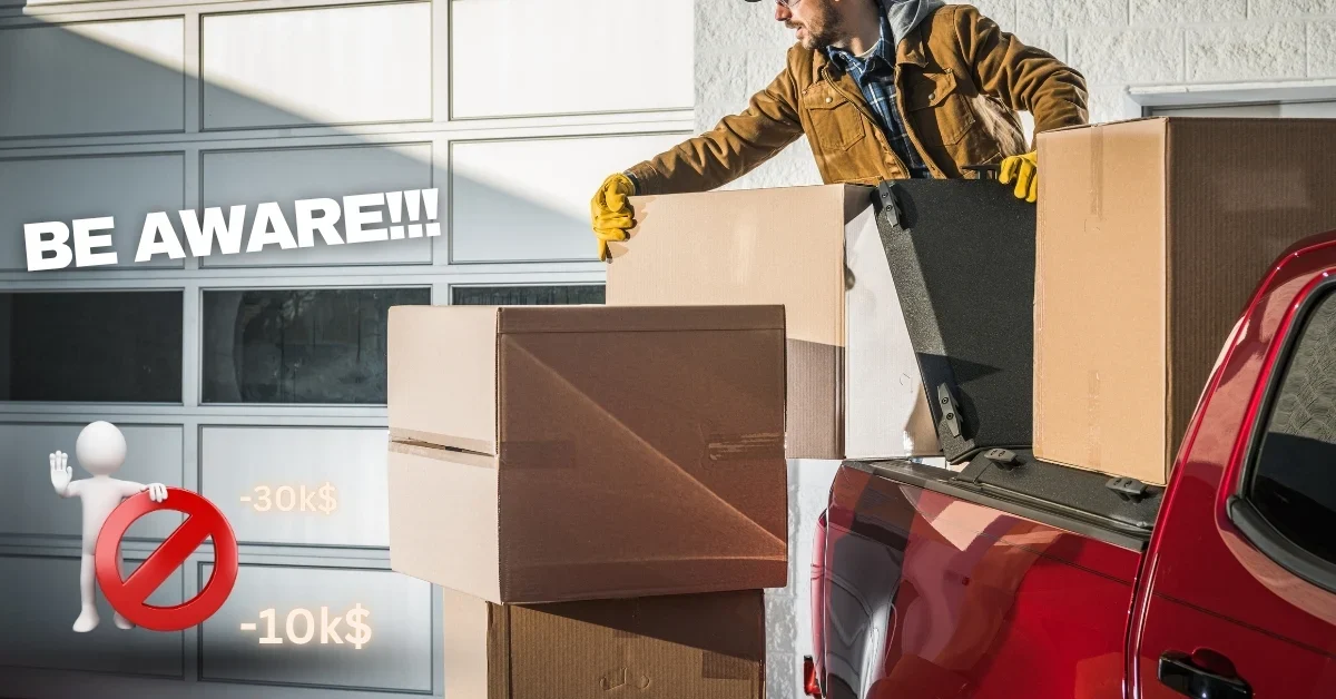 Avoid Moving Scams with These Red Flags Man loading moving boxes onto truck, "BE AWARE!!!" and money signs.