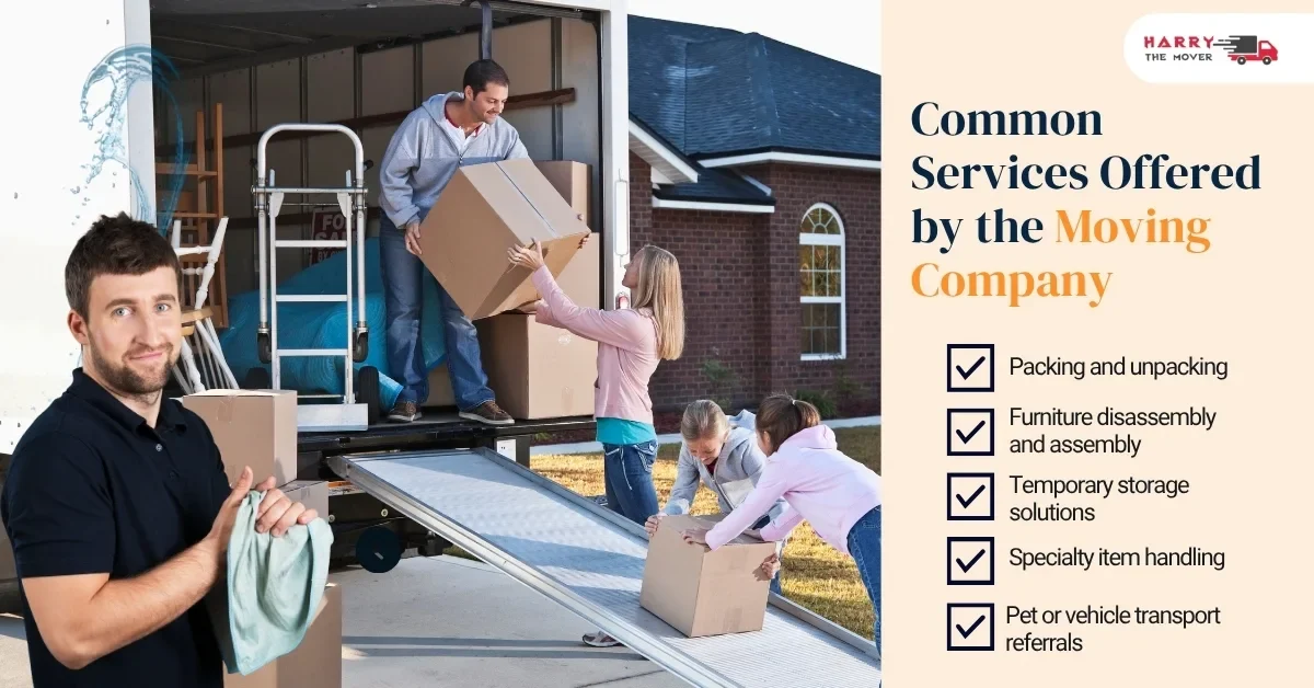 Confirm Services Offered by the Moving Company Movers helping a family load boxes into a truck, showing services offered by a moving company.