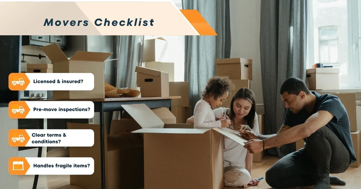 Create A Movers Checklist Family packing boxes at home with a movers checklist showing key points for a safe house move.