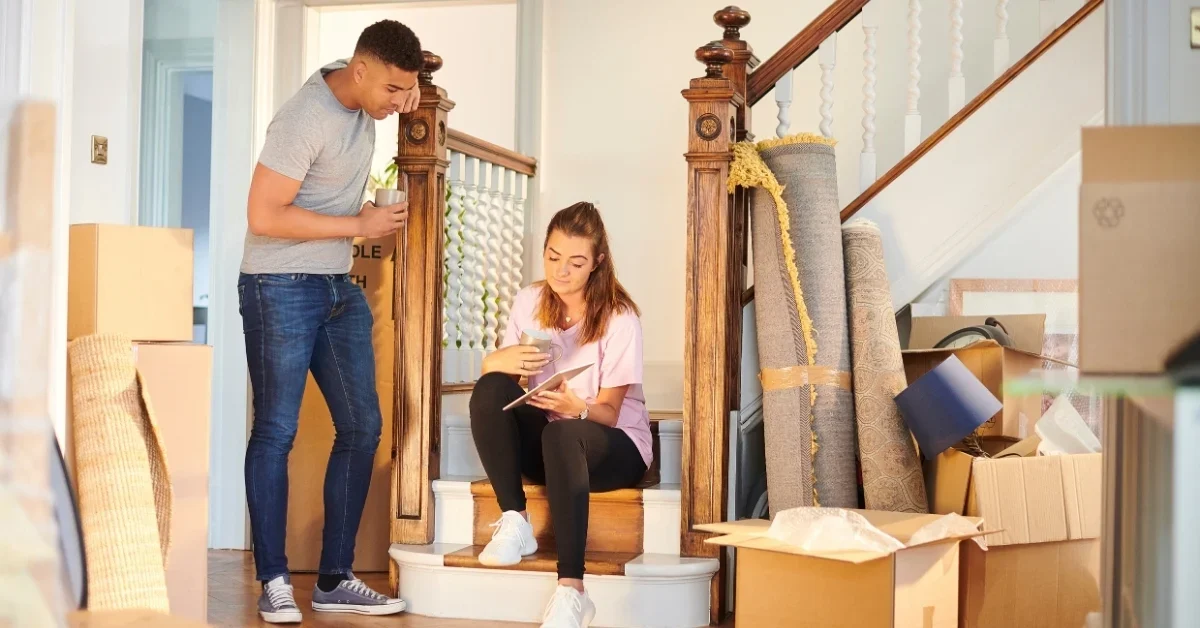 Request a Detailed Quote and Understand the Cost Couple in a home surrounded by moving boxes and rolled rugs.